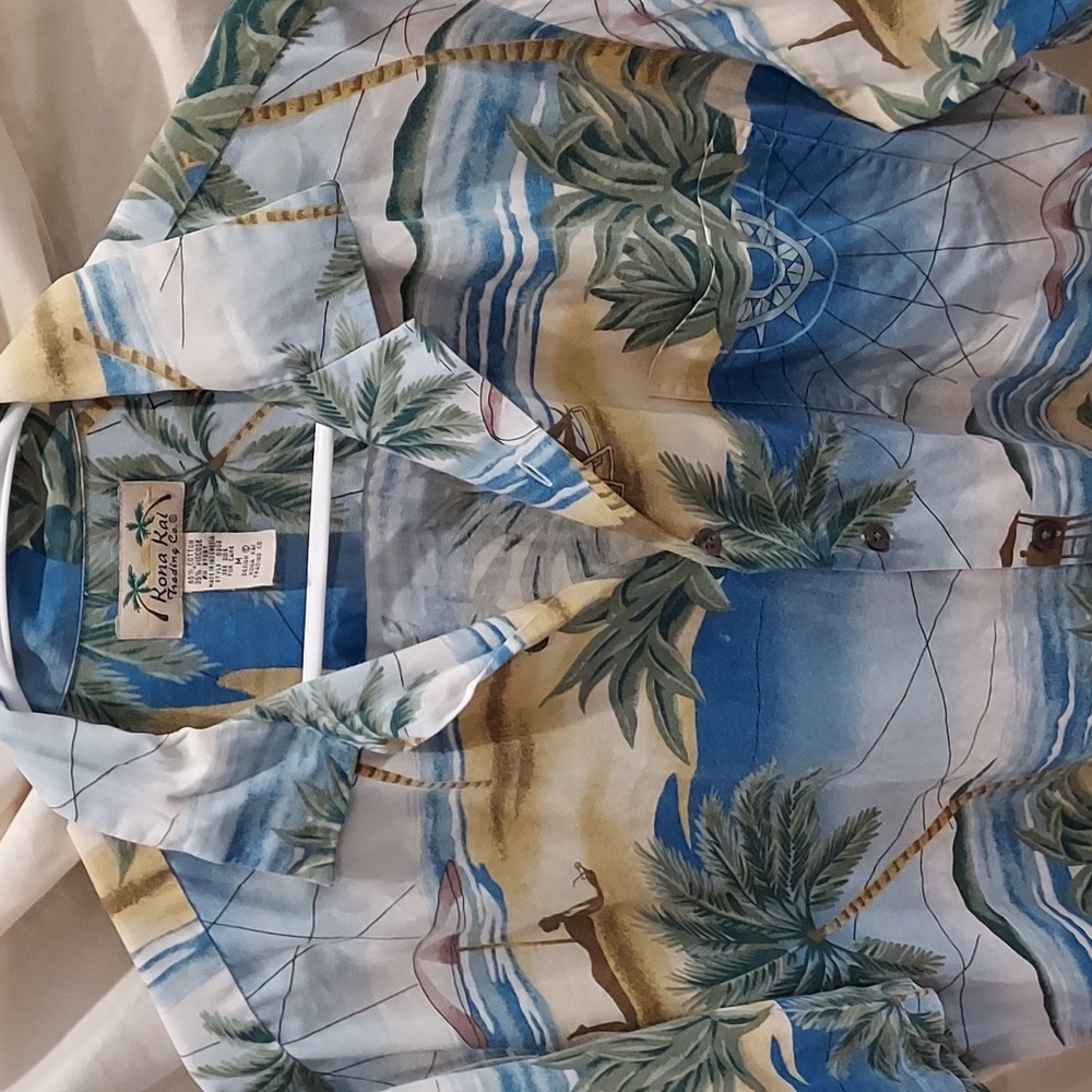 *Men's Kona Kai Hawaiian Print Beach Scene Cotton Blend Camp Shirt Size Medium